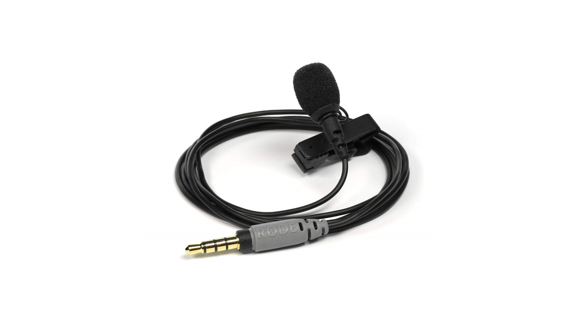 Rode lavalier microphone on white background