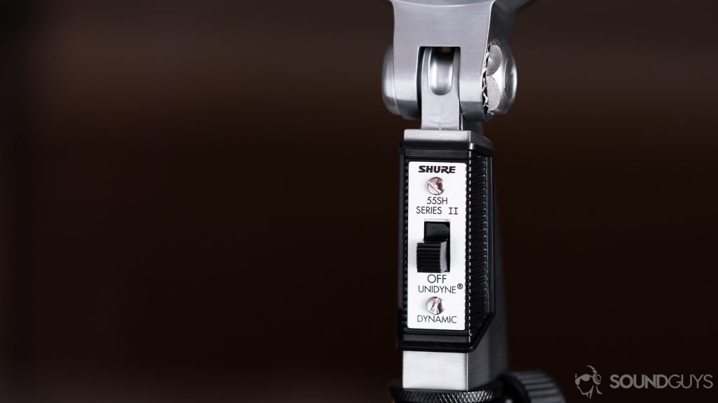 Shure 55SH Series II on/off toggle on the front of the microphone.