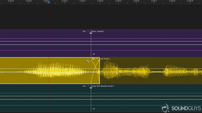 edit-your-voice-crossfade A screenshot of the Adobe Audition DAW, with an example of crossfading.