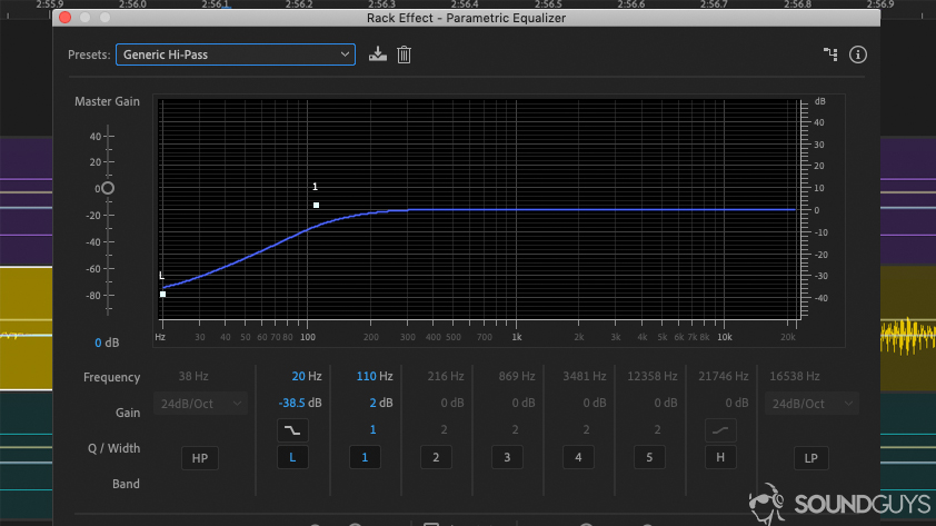 edit-your-voice-high-pass A screenshot of the Adobe Audition DAW showing the high-pass filter function of the parametric equalizer.