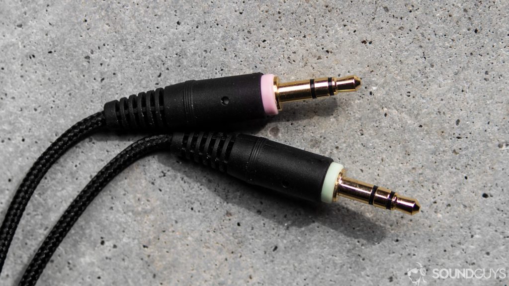 A photo of the 3.5mm TRS terminations of the Sennheiser Game One gaming headset.