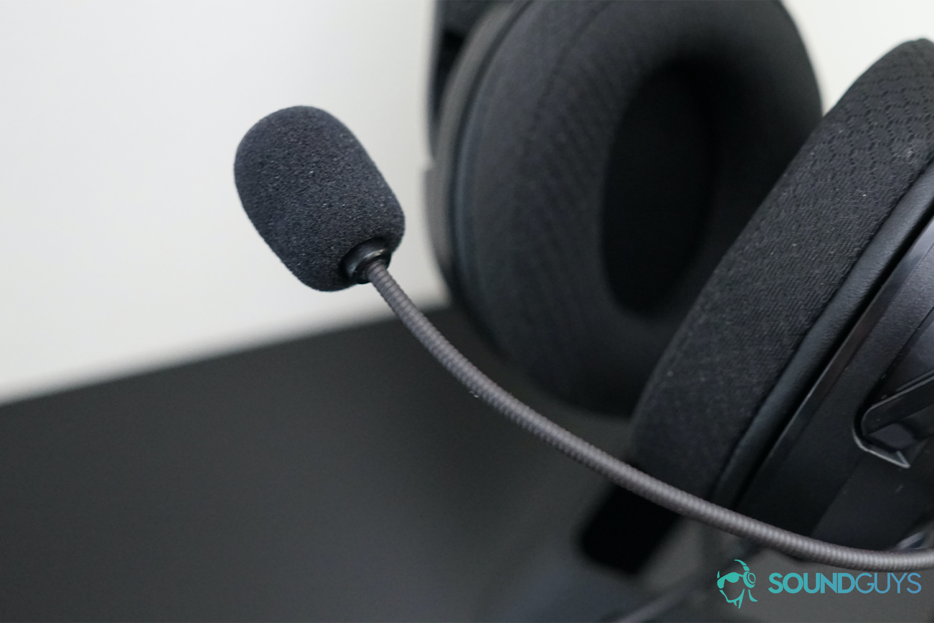 A close up shot of the microphone on the AmazonBasics Gaming Headset 