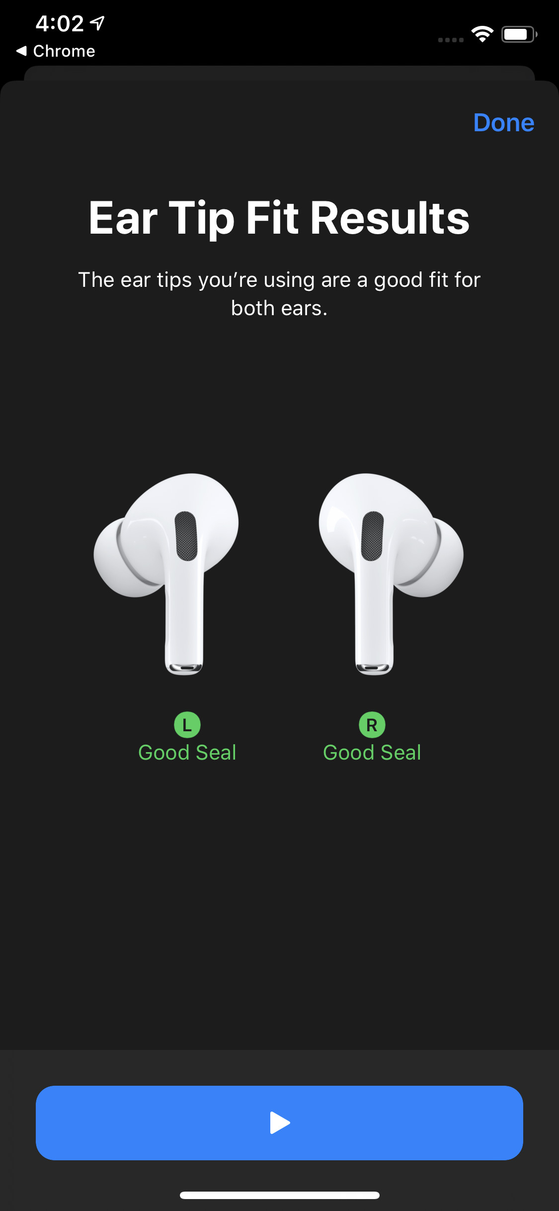 Screenshot of the ear tip fit test showing that the AirPods Pro have a good seal.