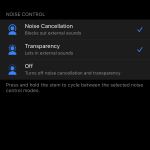 Screenshot showing active noise cancelling controls for Apple AirPods Pro.