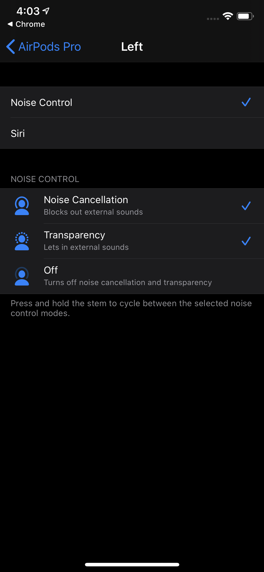 Screenshot showing active noise canceling controls for Apple AirPods Pro.