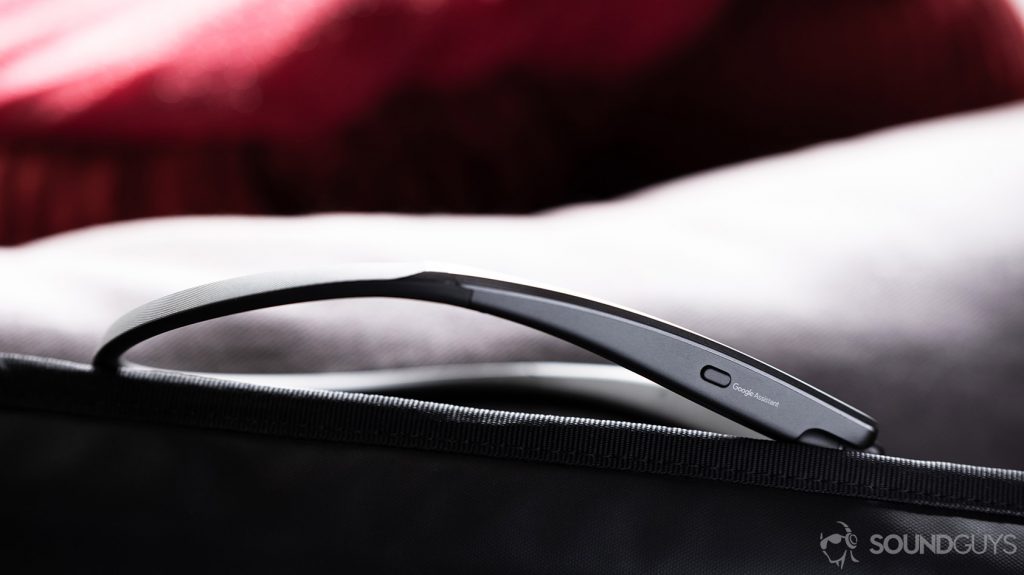 A photo of the Google Assistant button on the outer right side of the neckband.