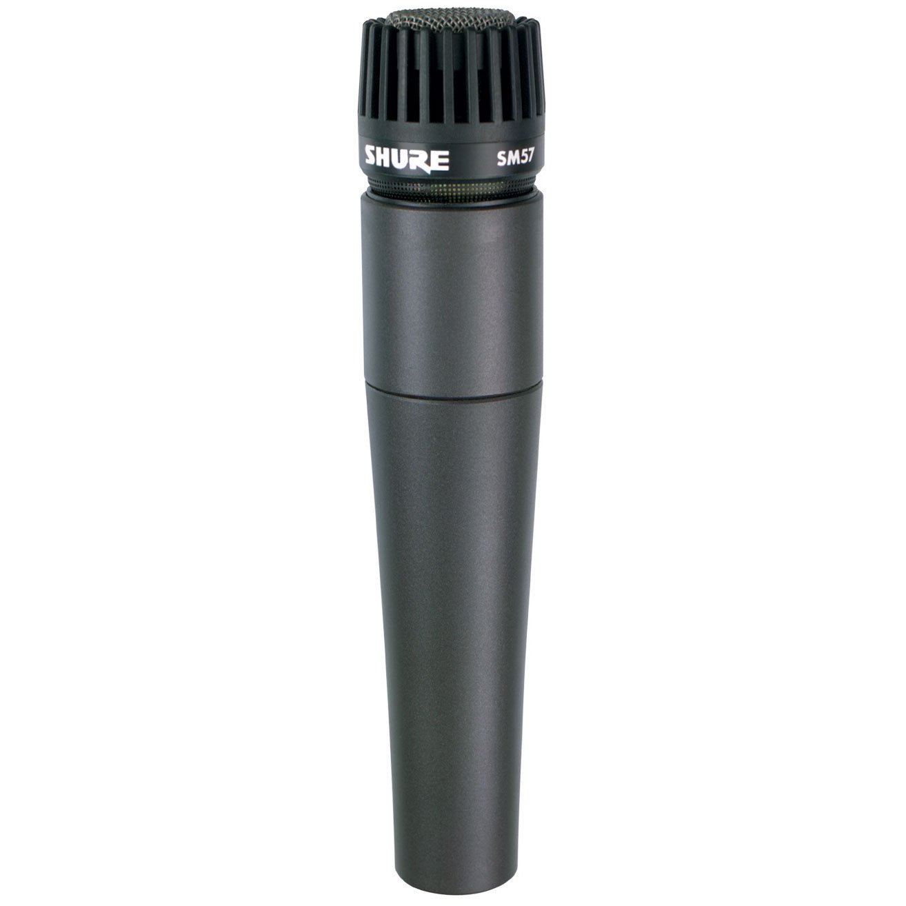 Shure SM57 microphone placed vertically against a white background.
