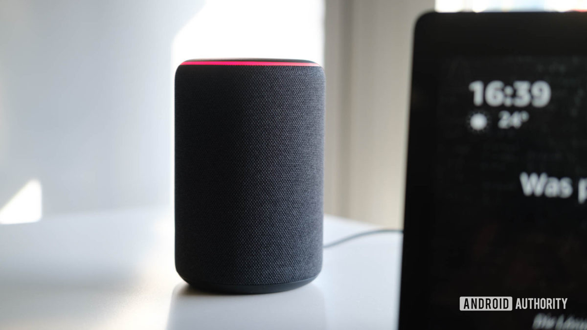 Amazon Echo second generation black An Amazon Echo (second-gen) on a white surface.