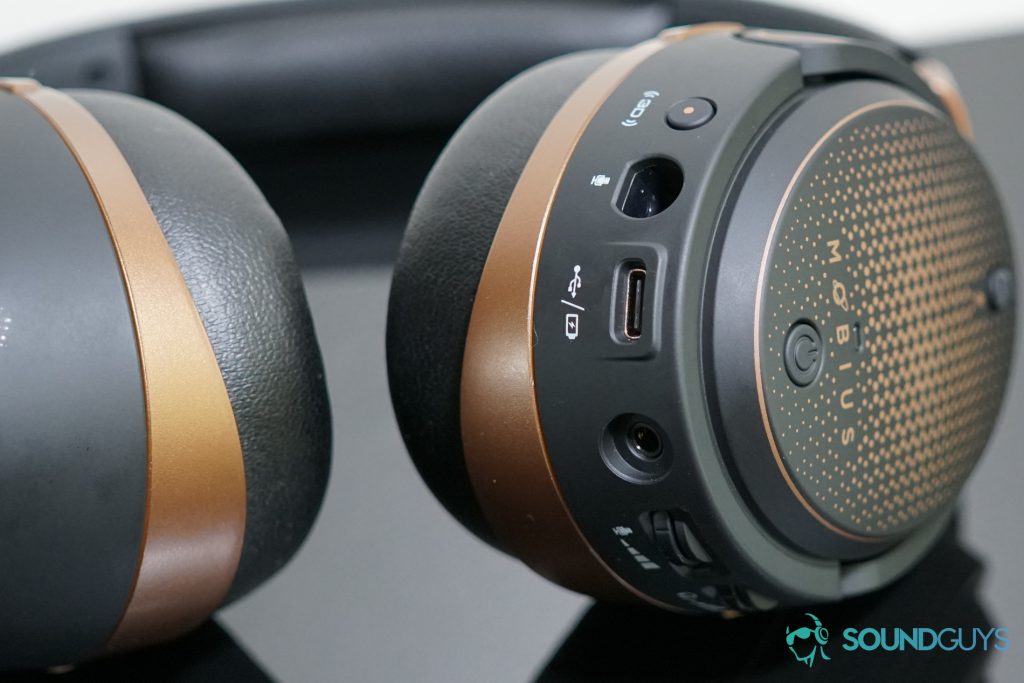 The Audeze Mobius has a USB-C port, mic jack, and headphone jack.