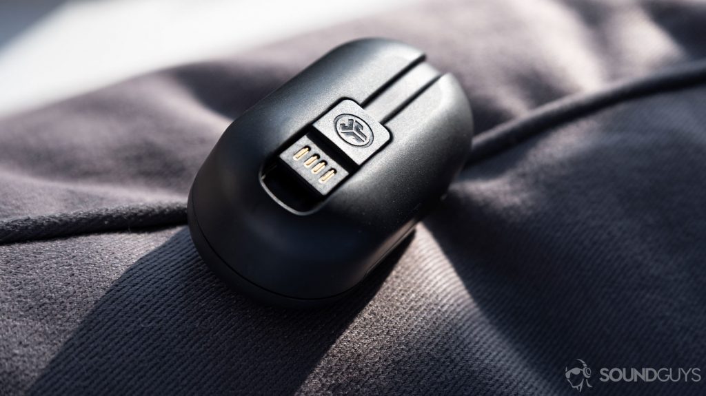 A picture of the JLab JBuds Air Icon true wireless earbuds USB-A charging cable integrated into the case.