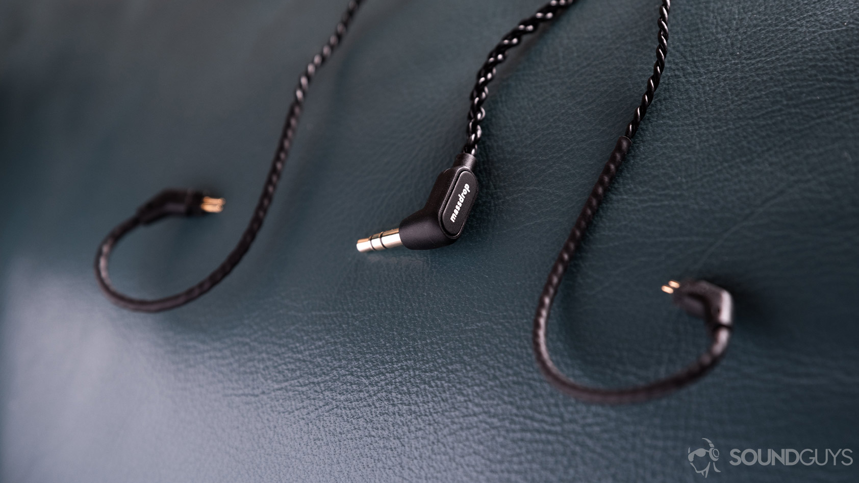 A photo of the Massdrop x Empire Ears Zeus earbuds removable 3.5mm cable with 2-pin connectors terminating at each ear hook.