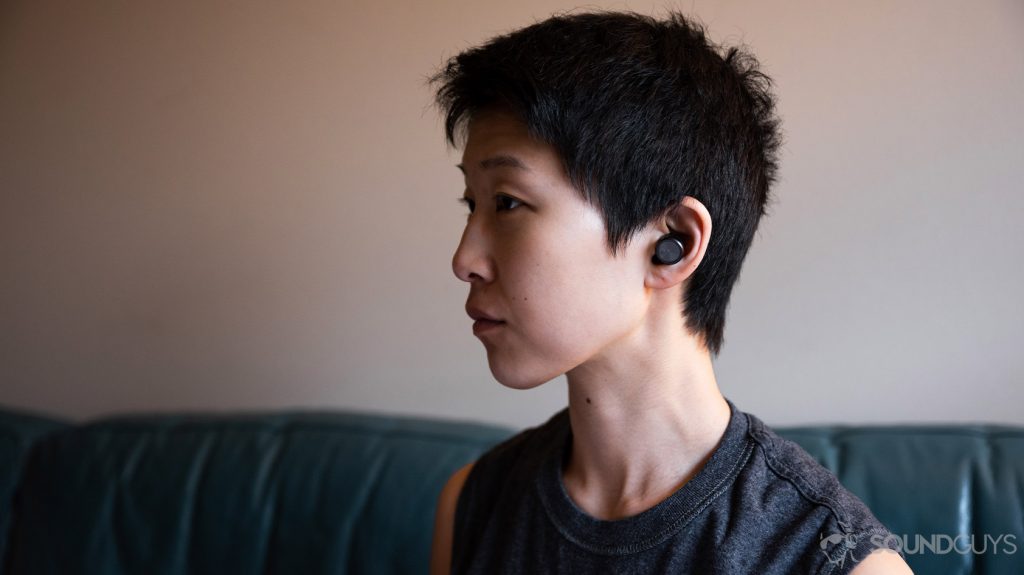 A picture of the Plantronics BackBeat Pro 5100 worn by a woman in profile.