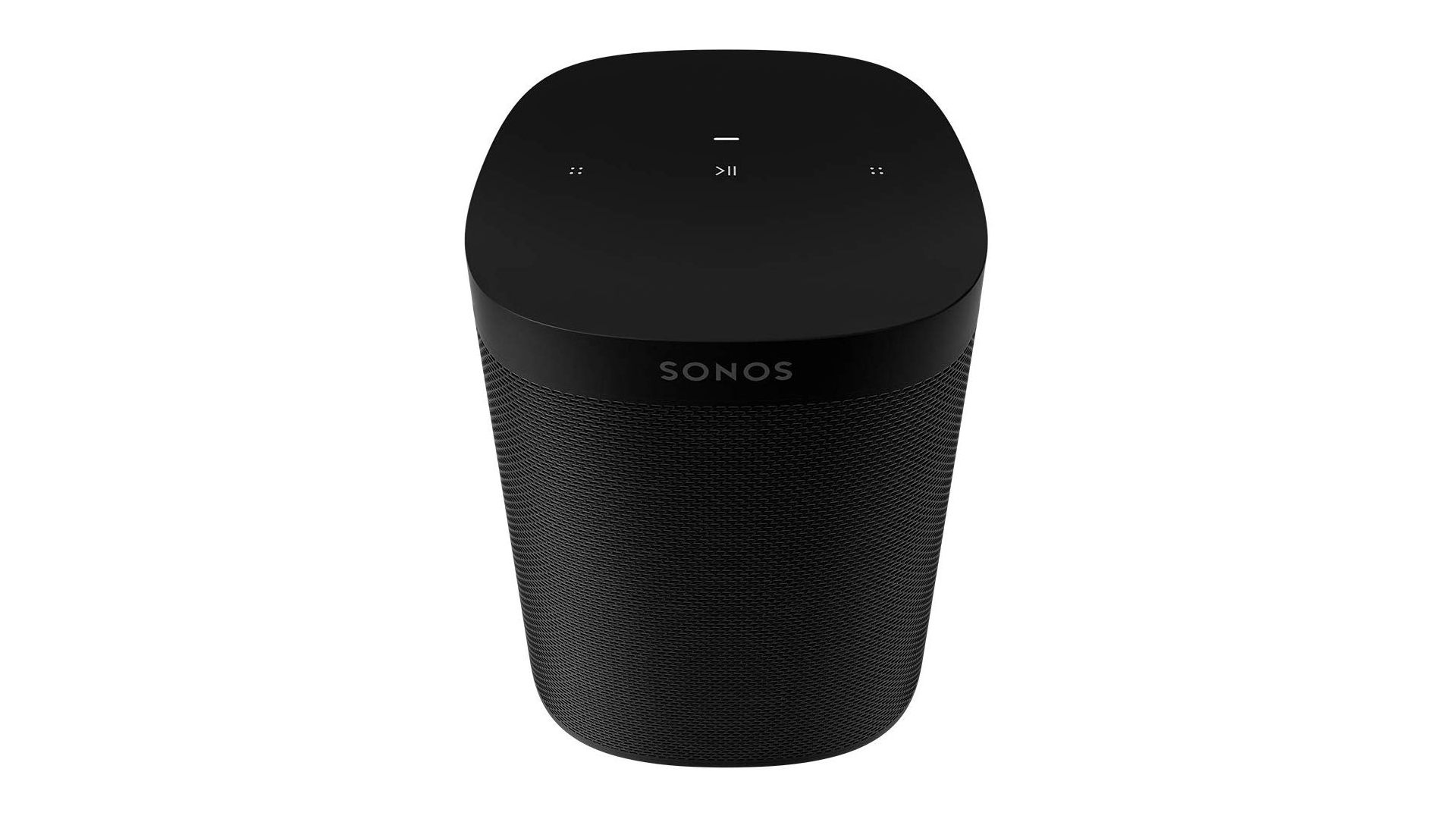 A product shot of the Sonos One SL shown at an angle from the top down against a white background.