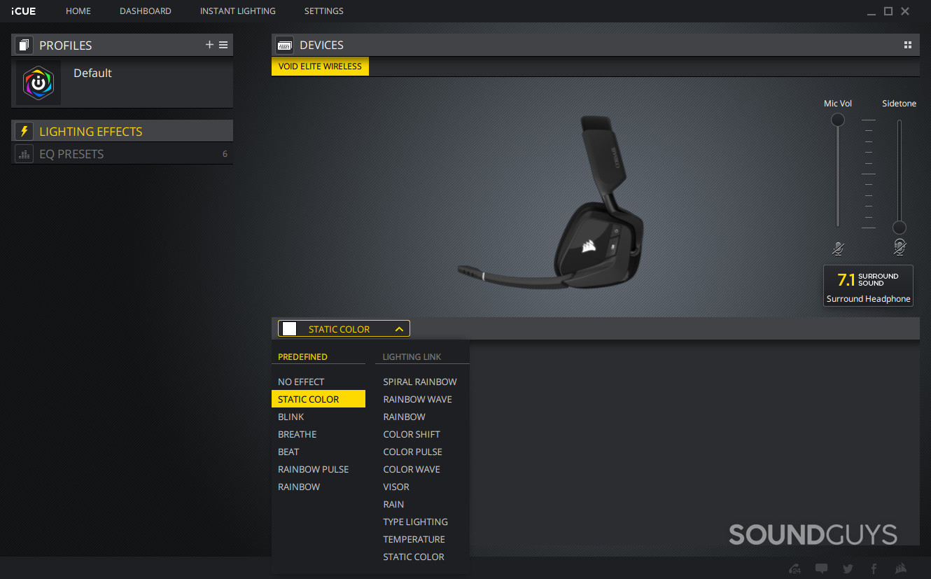 A screenshot of Corsair's iCUE gaming peripheral hub app with the Corsair Void RGB Elite Wireless gaming headset connected.