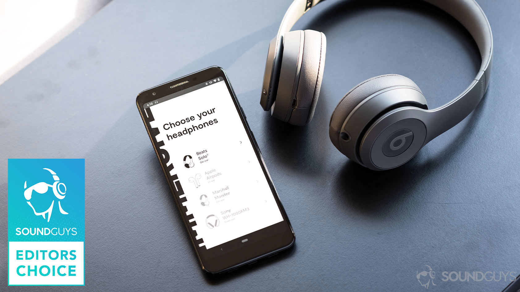 Dirac-mobile-app-Google-Pixel-3-Beats-Solo3-Wireless-soundguys editors choice A picture of the Dirac mobile app on a Google Pixel 3 with the SoundGuys editor's choice badge in the bottom left corner.