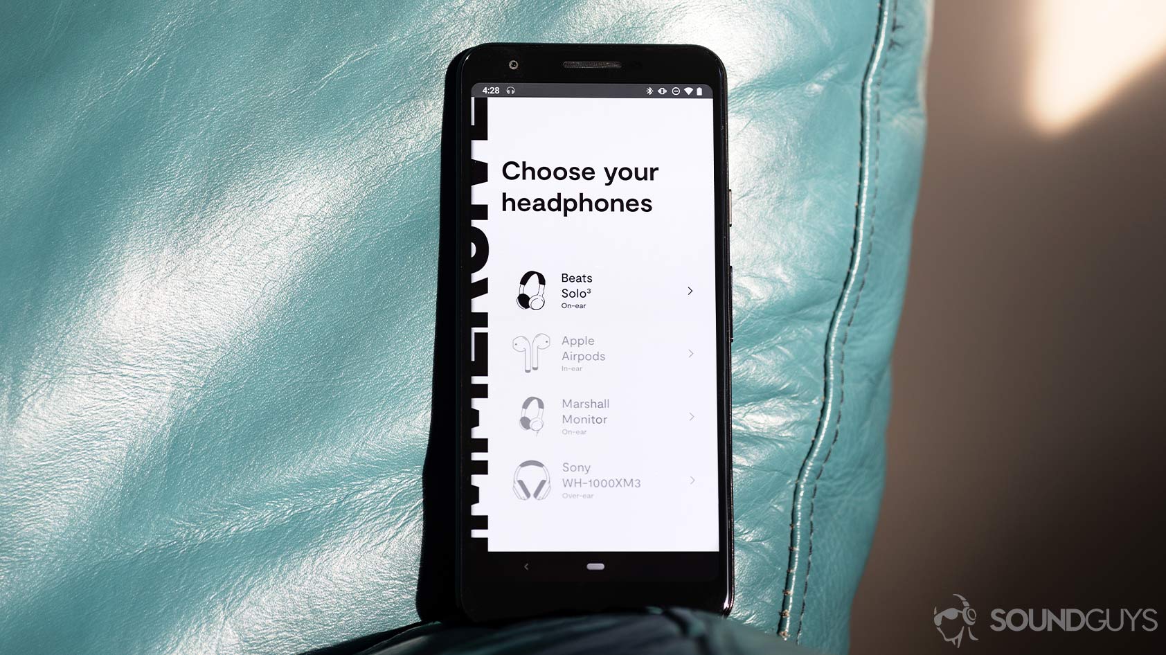 A picture of the Dirac mobile app on a Google Pixel 3 with the available headphone options on screen.