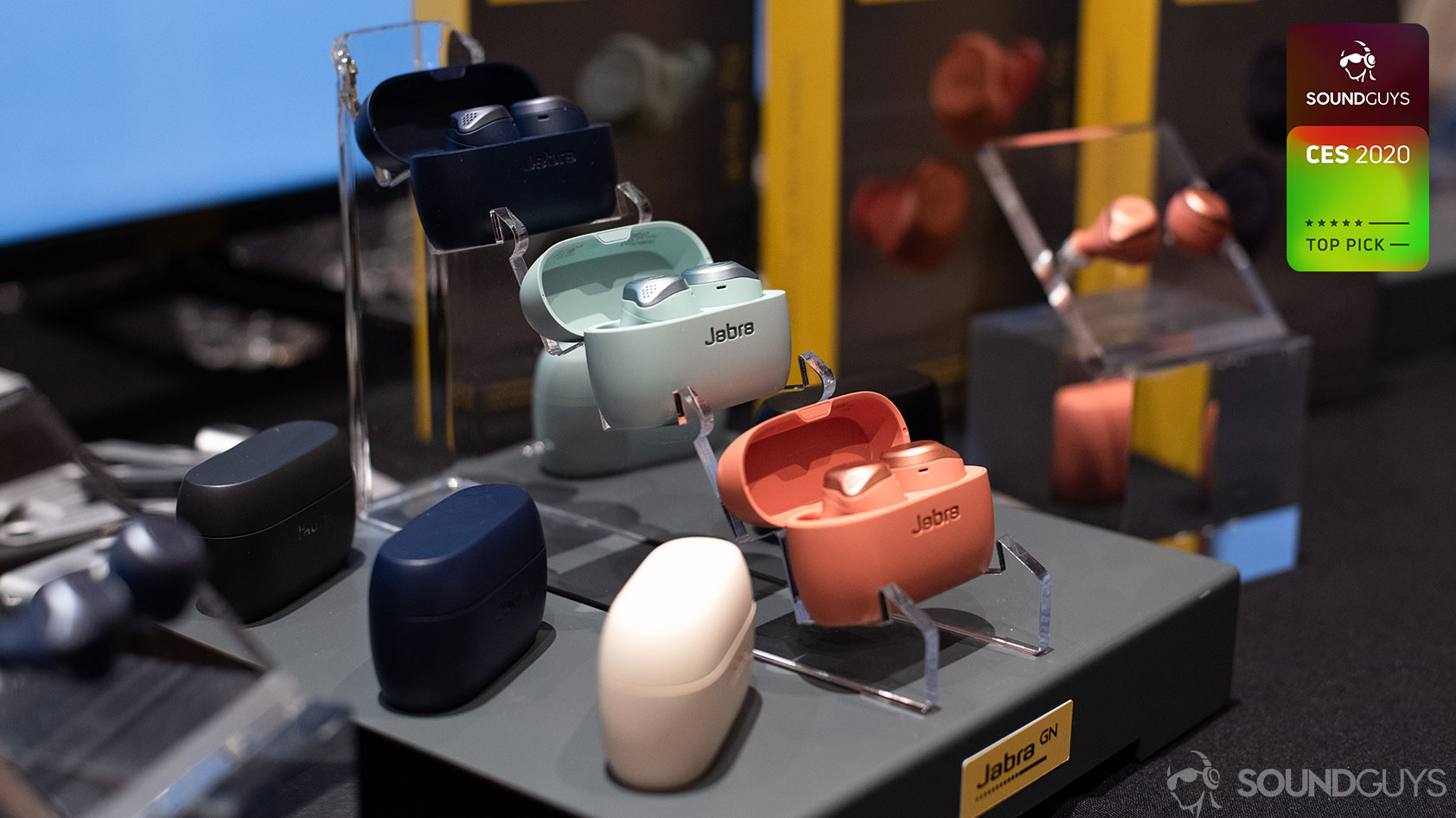 Jabra Elite Active 75t-ces multiple colorways A picture of the Jabra Elite Active 75t from CES 2020 on display.