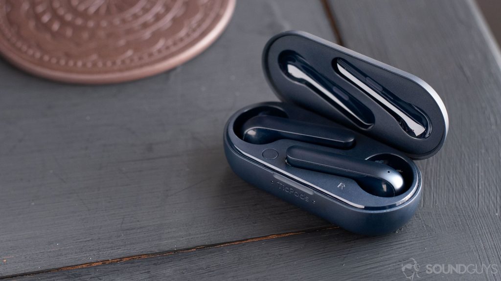 A picture of the Mobvoi TicPods 2 Pro true wireless earbuds in the charging case, both of which are navy.