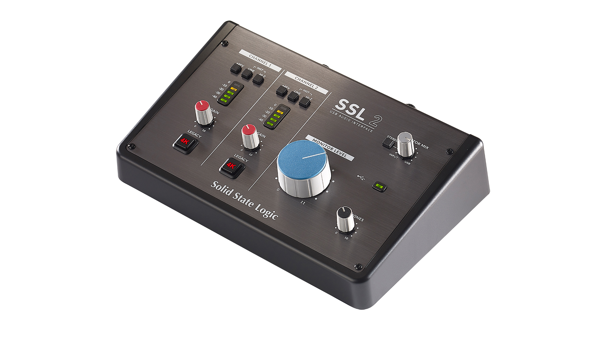 Pictured is the SSL 2 audio interface on a white background. 