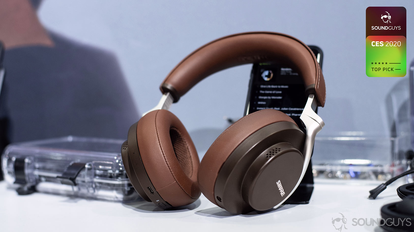 Shure Aonic 50 noise canceling headphones-ces Image showing a pair of Shure Aonic 50 headphones on a table