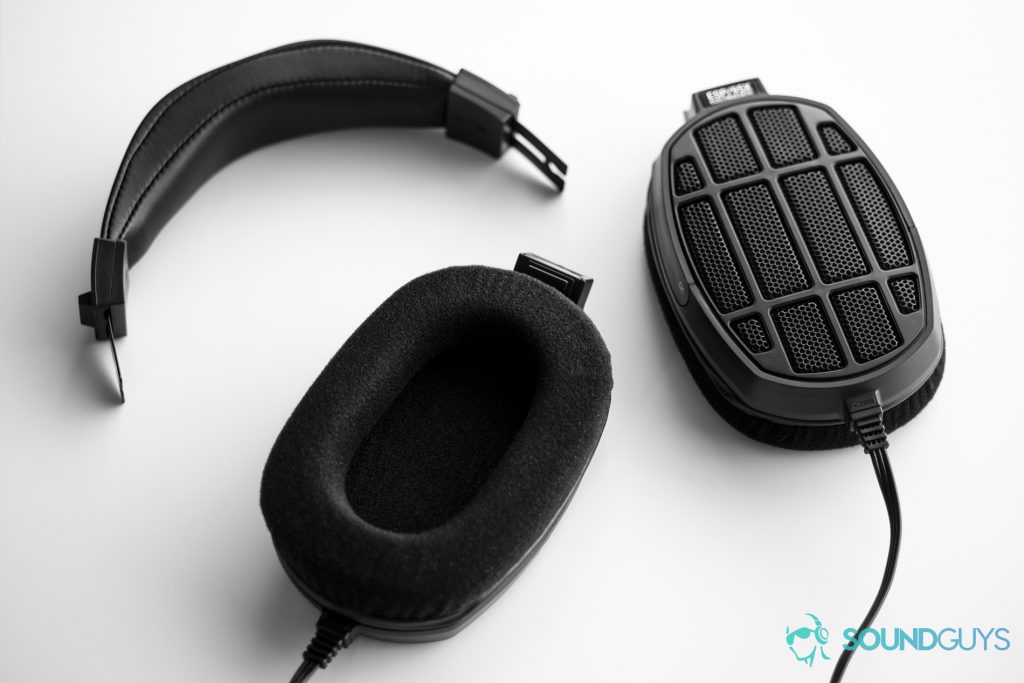 A photo of the Massdrop x Koss ESP/95X disassembled on a white desk.