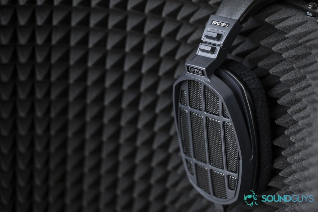 A photo of the Massdrop x Koss ESP/95X electrostatic headphones, resting on a microphone shield.