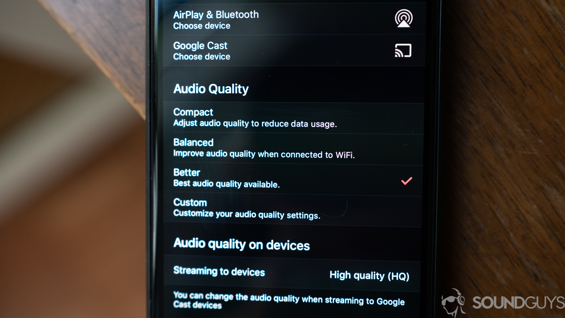 Deezer app settings on mobile Settings screen in Deezer mobile app showing audio quality and casting options