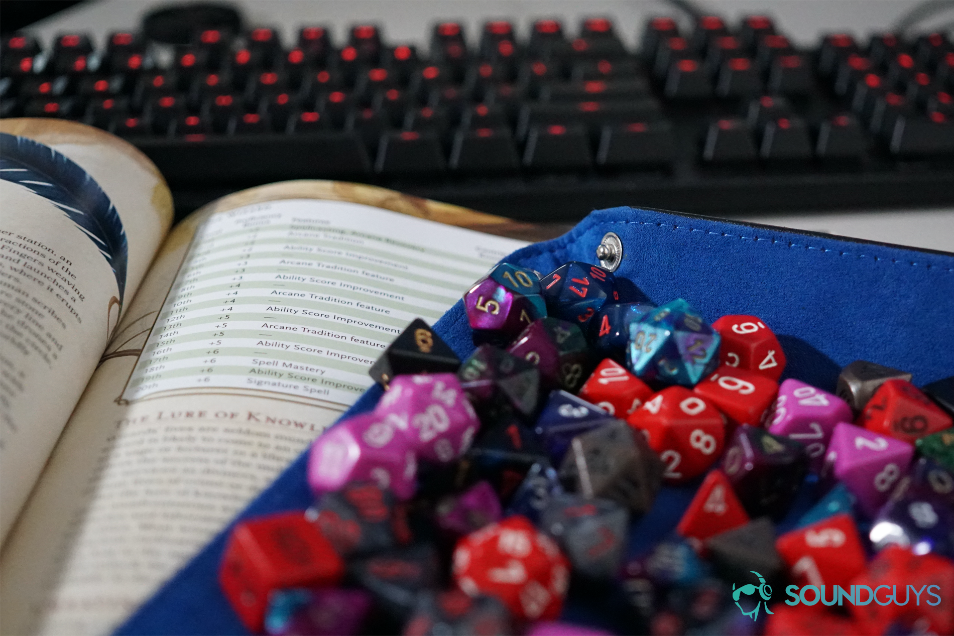Dungeons and Dragons keyboard dice book polyhedral dice sit on top of an open Dungeons and Dragons Players Handbook in front of a Logitech keyboard on a table.