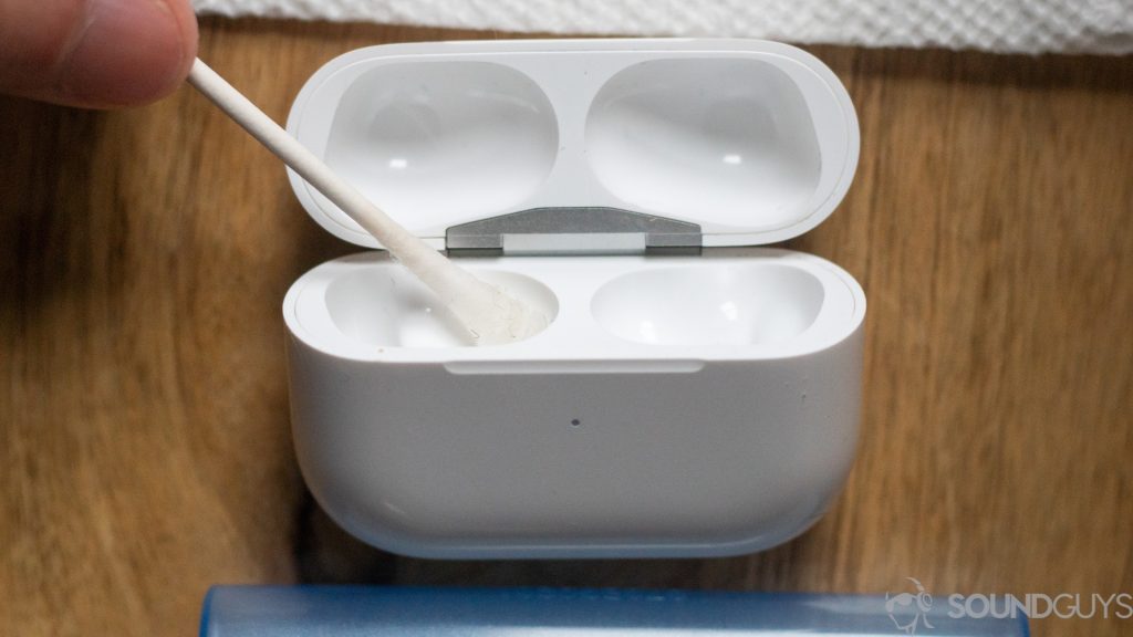 A photo of a cotton swab to clean the carrying/battery case of the AirPods Pro