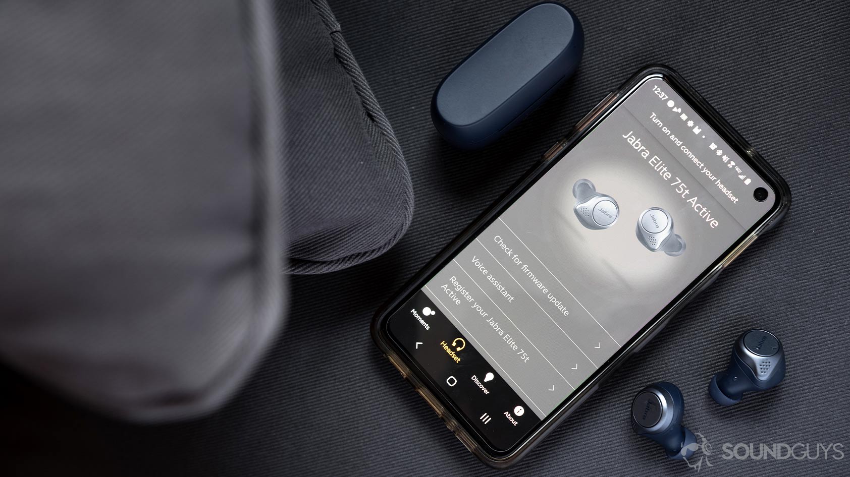 An aerial picture of the Jabra MySound+ app on a Samsung Galaxy S10e for the Jabra Elite Active 75t true wireless workout earbuds (navy).