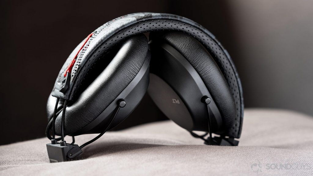 A picture of the Plantronics BackBeat Fit 6100 workout headphones with the ear cups folded up toward the headband.
