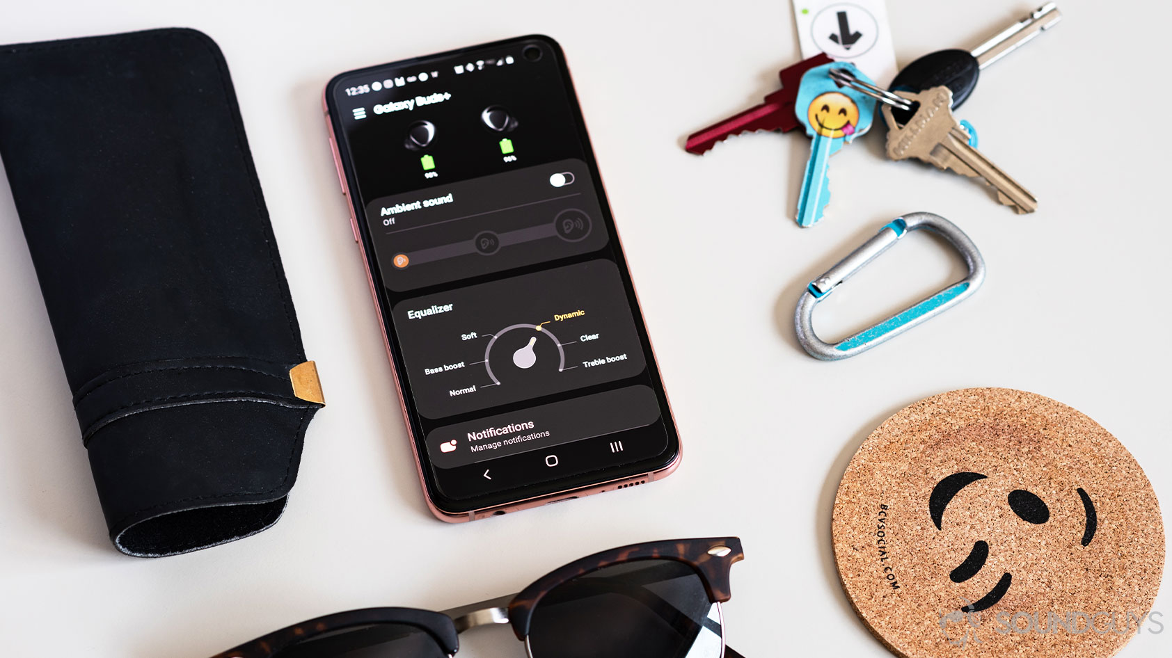 An aerial picture of the Samsung Galaxy Wearables app with the Galaxy Buds Plus connected.