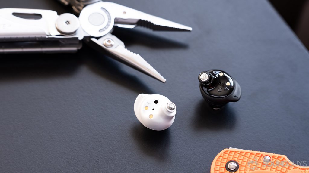A picture of the Samsung Galaxy Buds Plus and Galaxy Buds earphones without the ear tips on.
