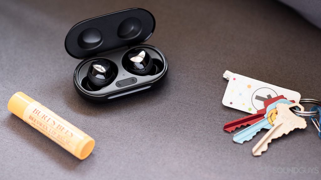 A picture of the Samsung Galaxy Buds Plus charging case open with the earbuds inserted.