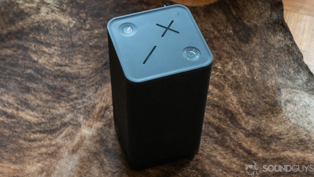 Pictured is the UE Hyperboom in black on the floor. 