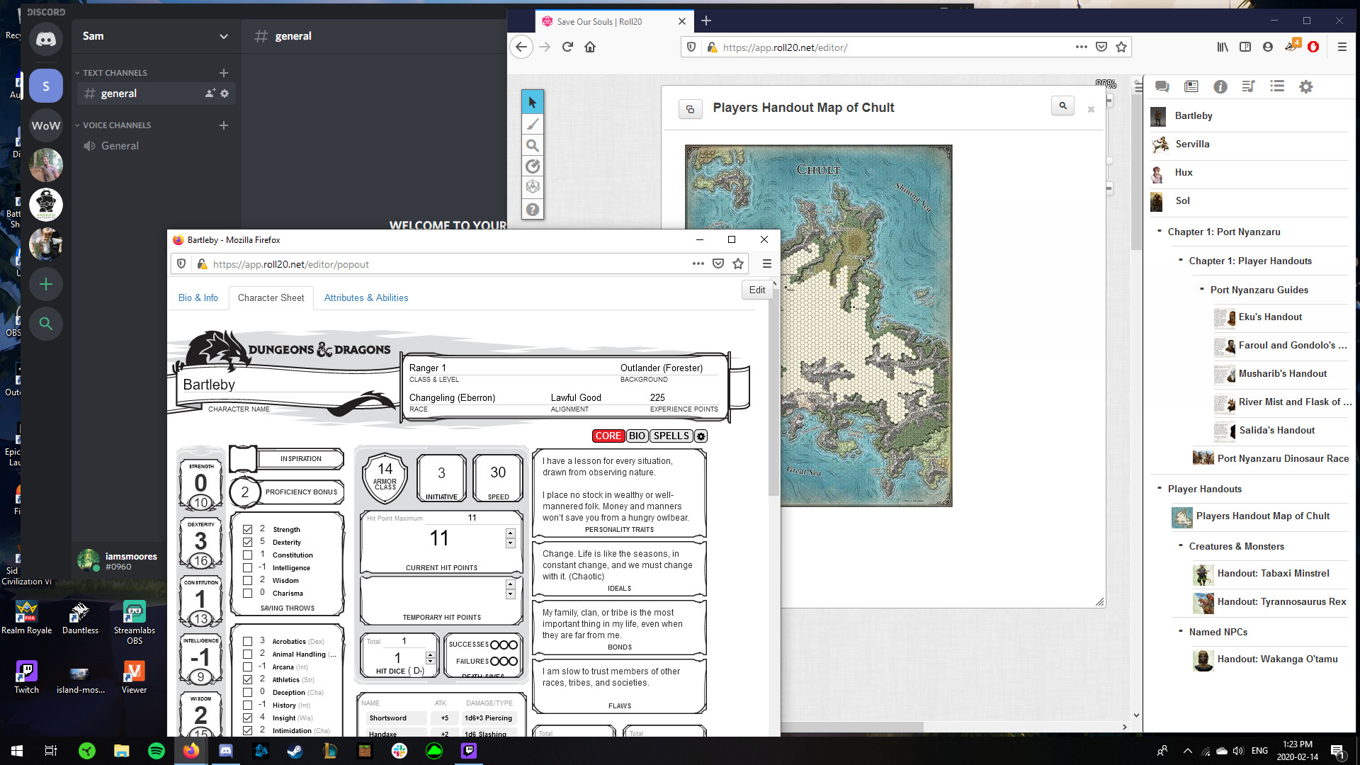 A screenshot with Discord and various Roll 20 windows open.