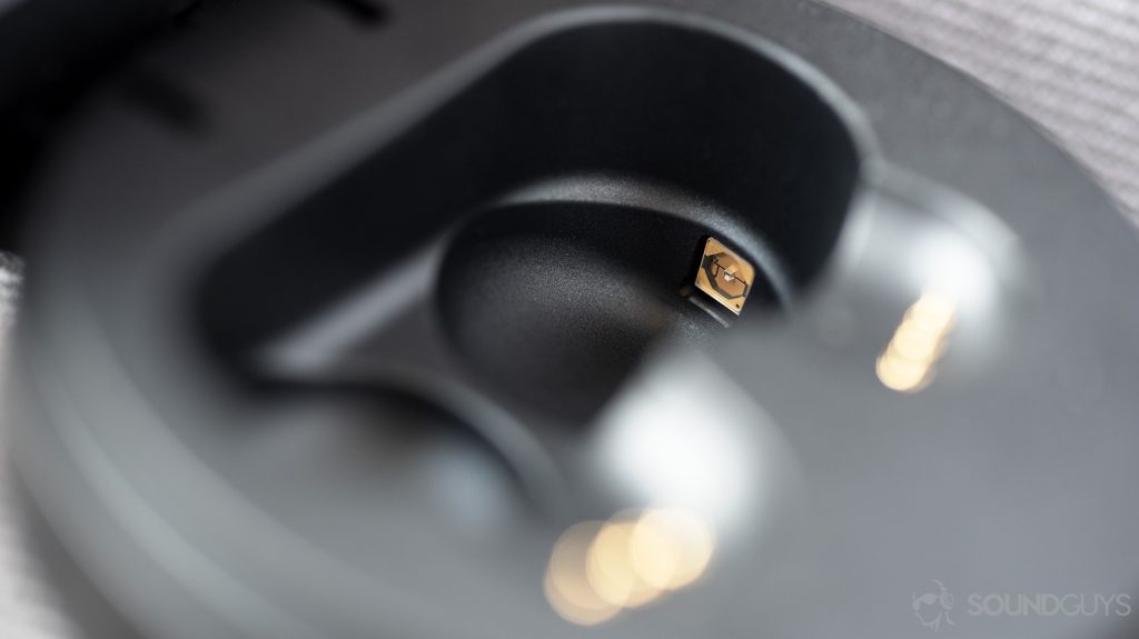 A macro photo of the LG Tone Free HBS FL7 true wireless UVnano charging case.