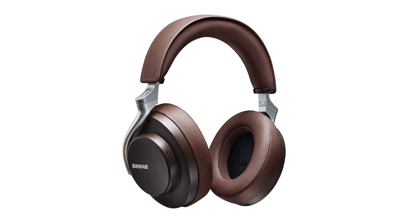 A product render of the Shure AONIC 50 noise canceling headphones in brown against a white background.