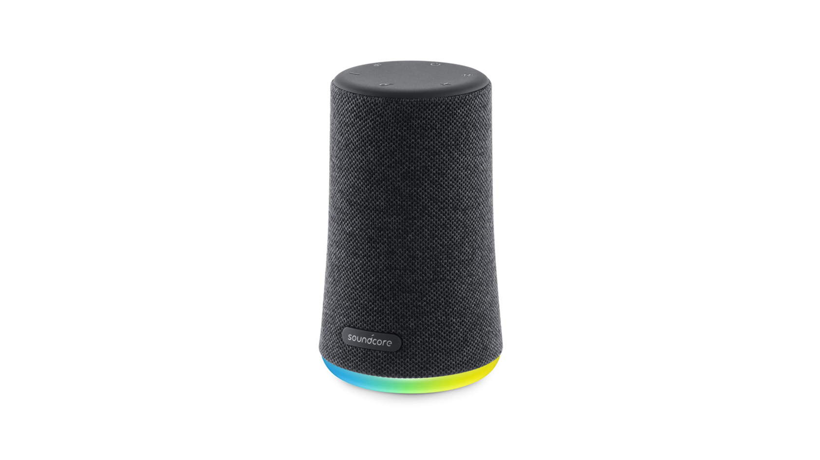 A product render of the Anker SoundCore Flare Mini cylindrical speaker with the LED ring alight.