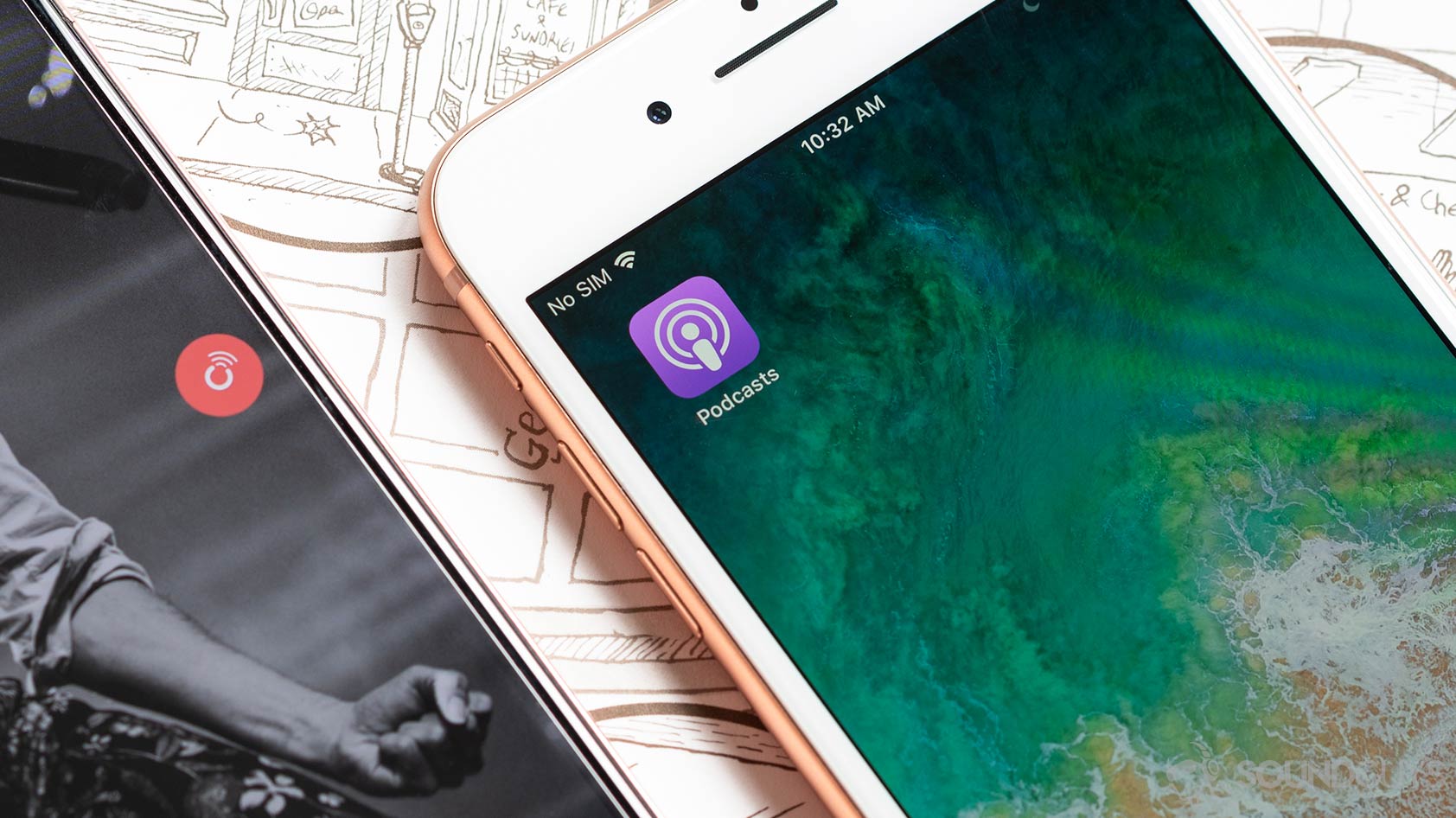Apple Podcasts ratings-Android iPhone apps A macro picture of Apple Podcasts app and PlayerFM app on an iPhone 8 Plus and Samsung Galaxy S10e, respectively.