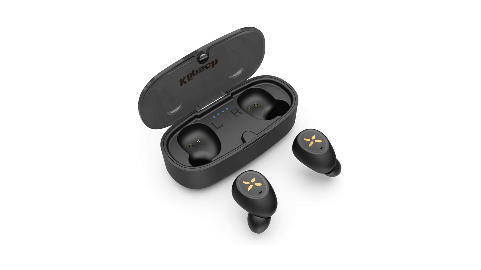 The Klipsch S1 True Wireless earbuds in black against a white background.