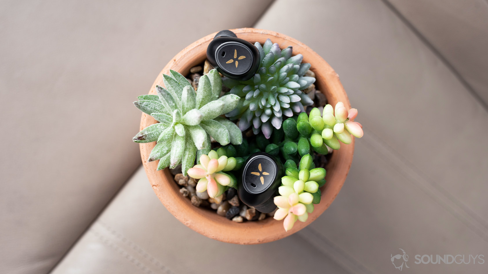 Klipsch S1 True wireless-earbuds aerial An aerial picture of the Klipsch S1 True Wireless earbuds on a plant.