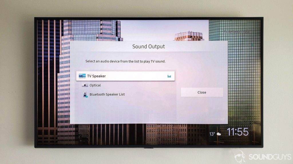 A photo showing the sound options menu screen on a Samsung 4K Smart TV.