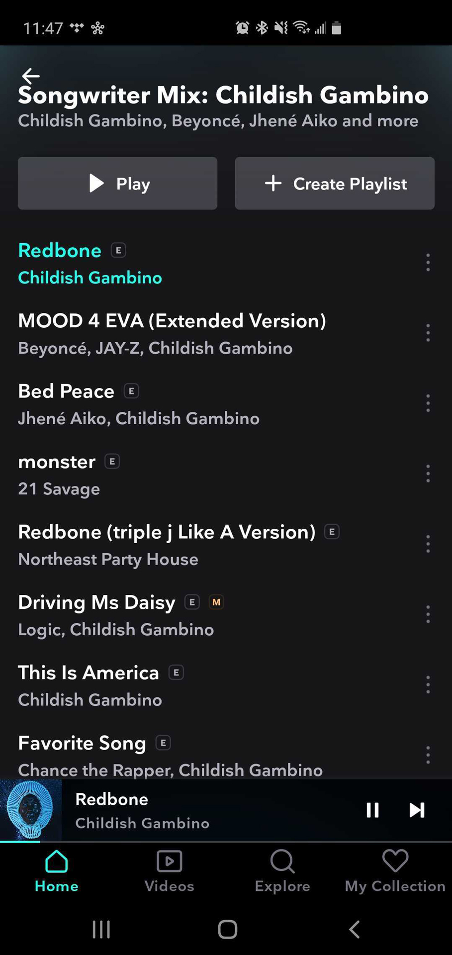 A screenshot of the Tidal Producers & Songwriters automatic playlist, this time using Childish Gambino as the focus.