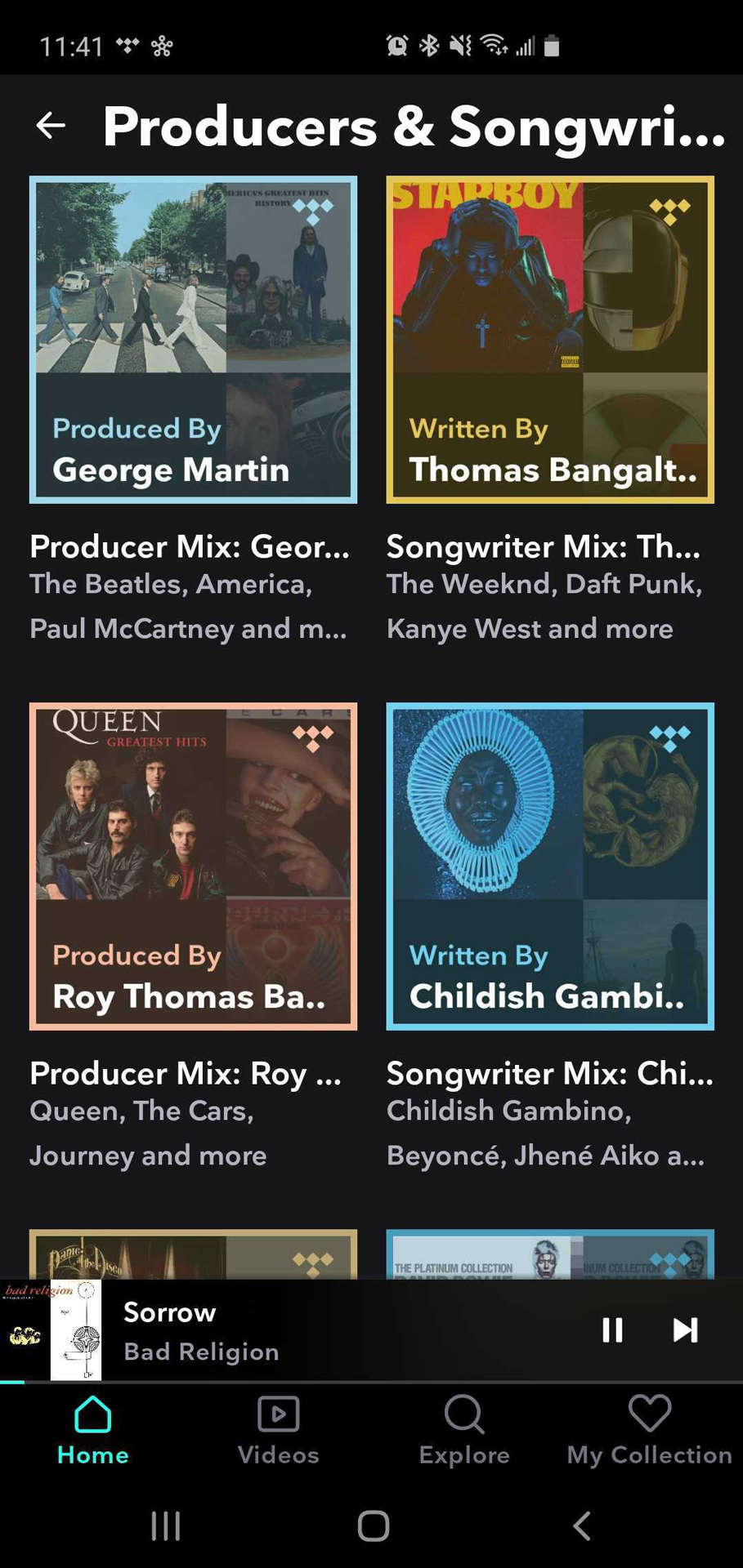 A screenshot of the Tidal Producers & Songwriters automatic playlist selection screen used to illustrate the differences between Tidal vs Spotify.