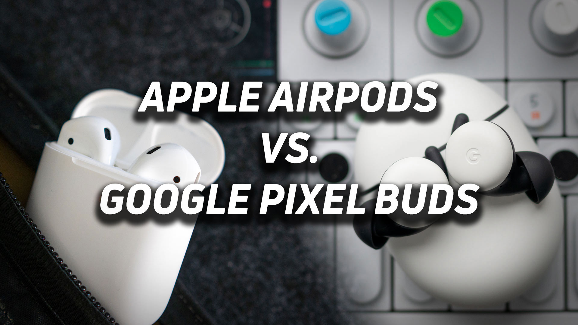 A picture of the apple AirPods next to the new Google Pixel Buds (2020) with a gradient transition between the two images.
