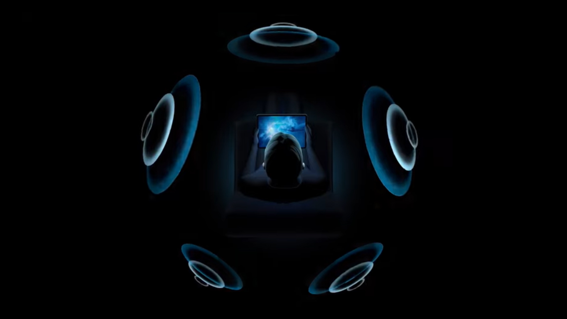 Screenshot of the Apple livestream showing five sources of sound around a virtual figure