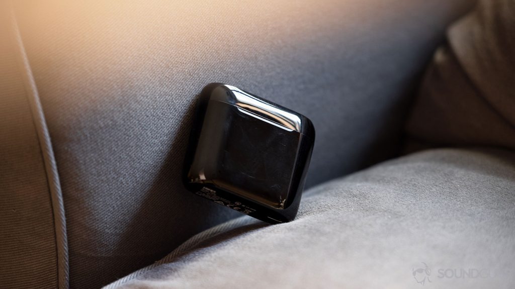 A picture of the Edifier TWS6 true wireless earbuds charging case which attracts scuffs and fingerprints.