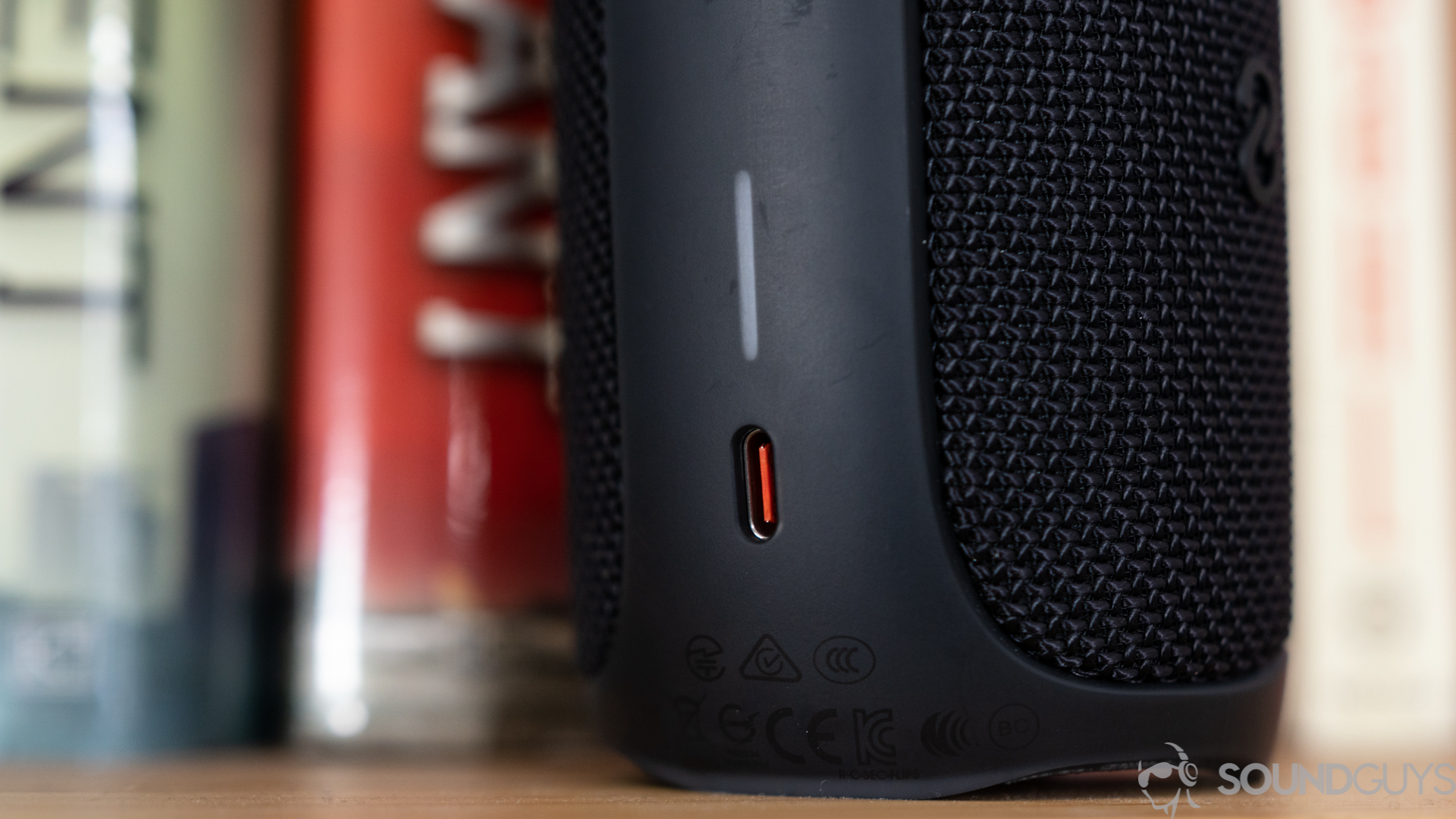 Close-up shot of the USB-C input on the JBL Flip 5 speaker. 