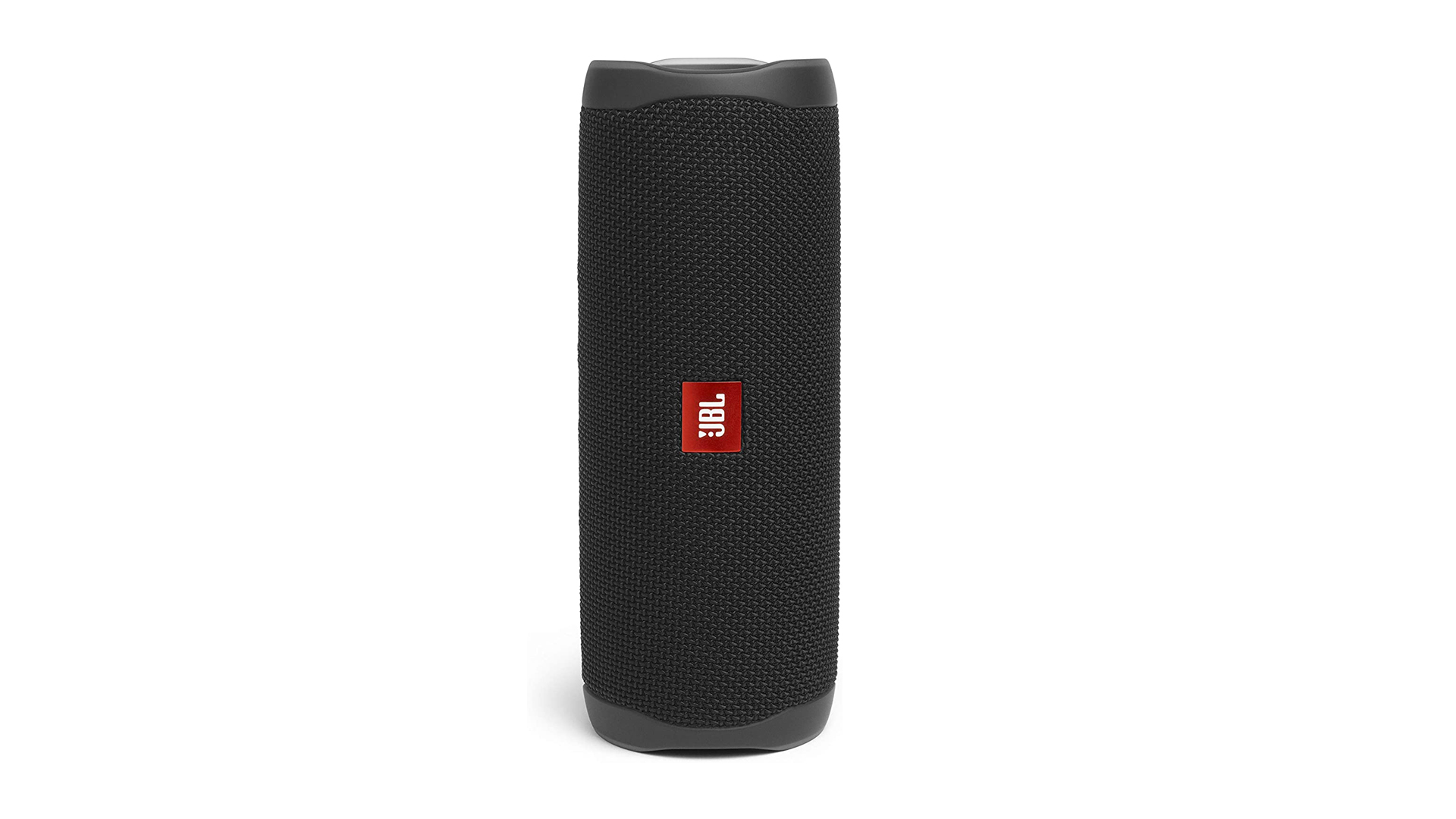 The JBL Flip 5 portable Bluetooth speaker in black against a white background.